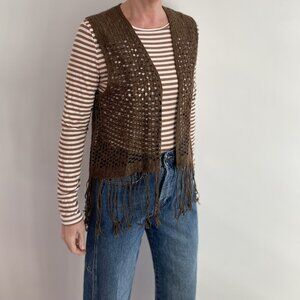Vintage 70s Brown Crochet Vest | Handmade Fringe Sleeveless Top, Size M